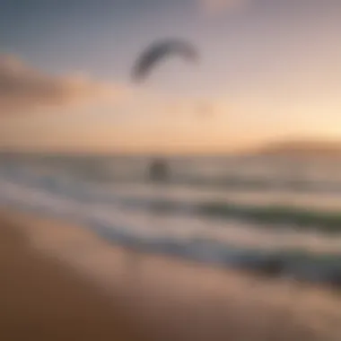 A calm beach setting where kitesurfing training is taking place, emphasizing safety and focus.