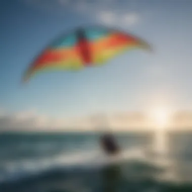 A vibrant training kite soaring in the sky against a backdrop of clear blue water.