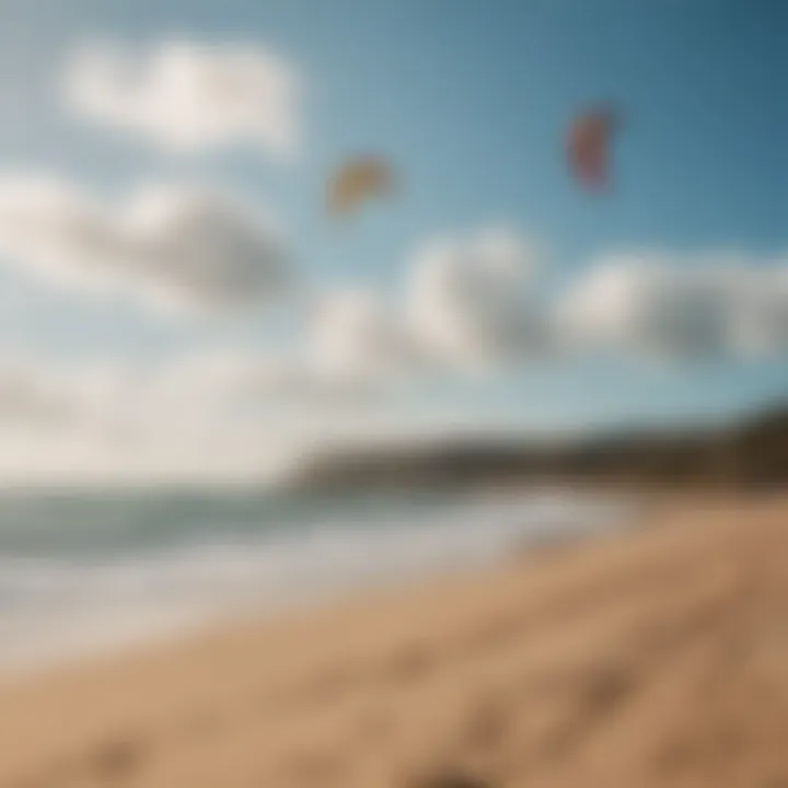 A group of enthusiasts engaging in wing kitesurfing at a popular beach location.