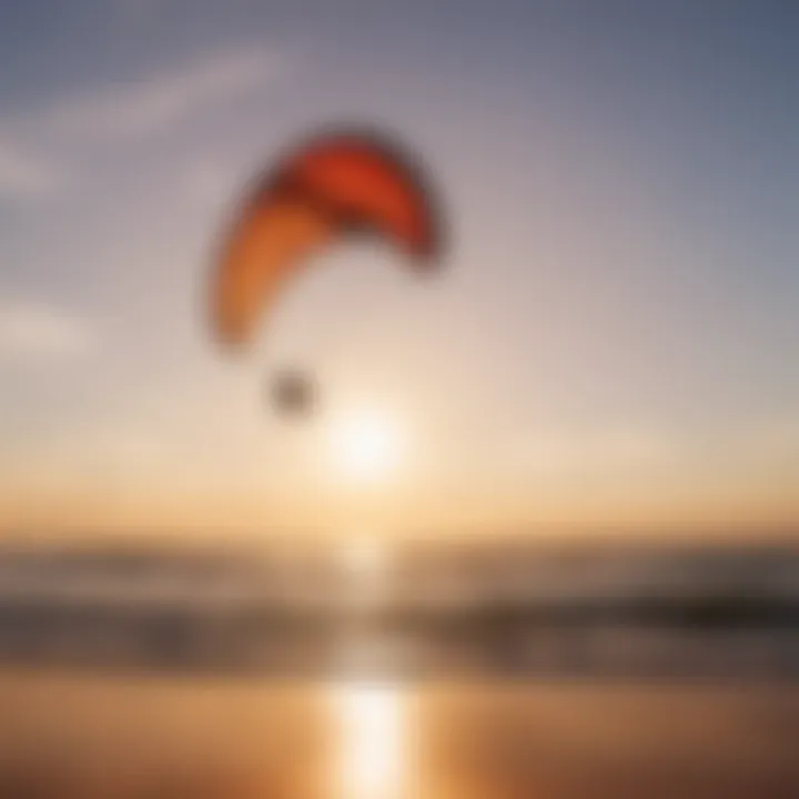 A serene sunset backdrop showcasing a wing kite soaring through the sky.