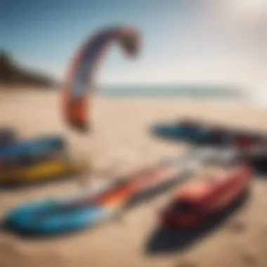 An assortment of wing kites and gear laid out on the beach.