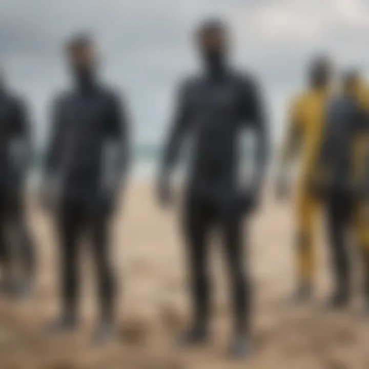 An assortment of winter wetsuits displayed to highlight different styles and thicknesses