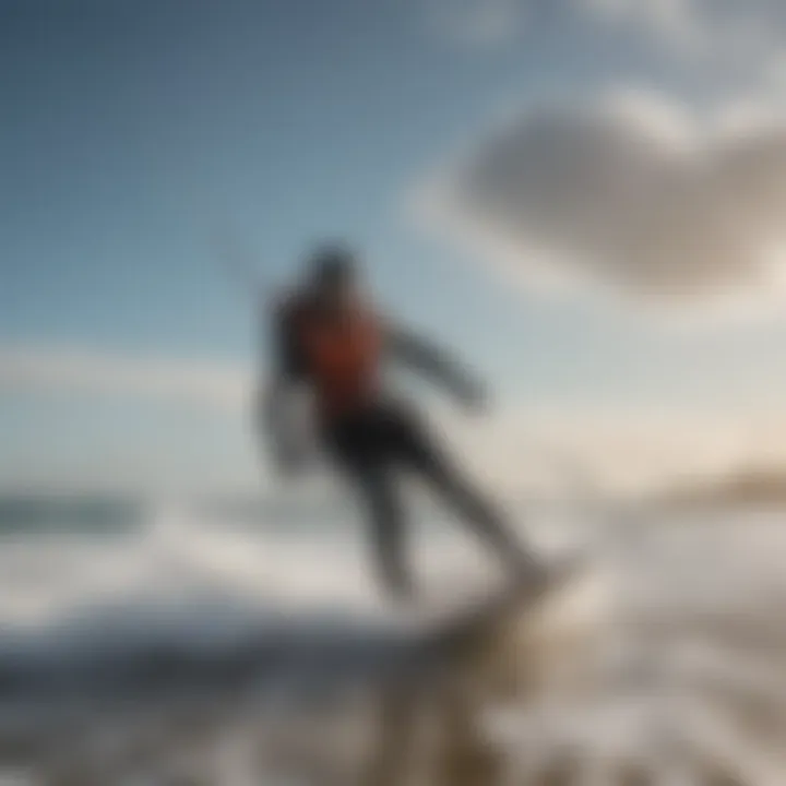 A kitesurfer in action on a winter beach scene, demonstrating the use of a wetsuit