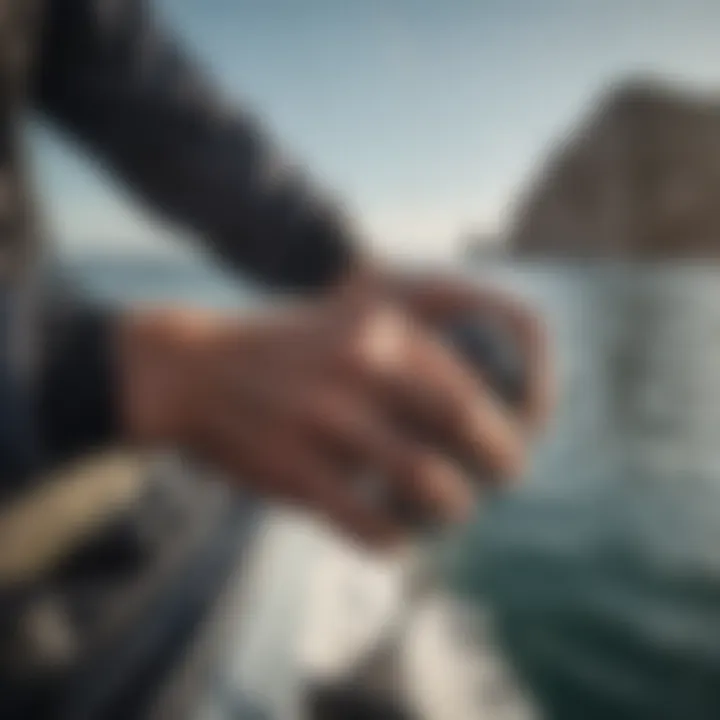 Sailor wearing Dakine sailing gloves while navigating on a boat