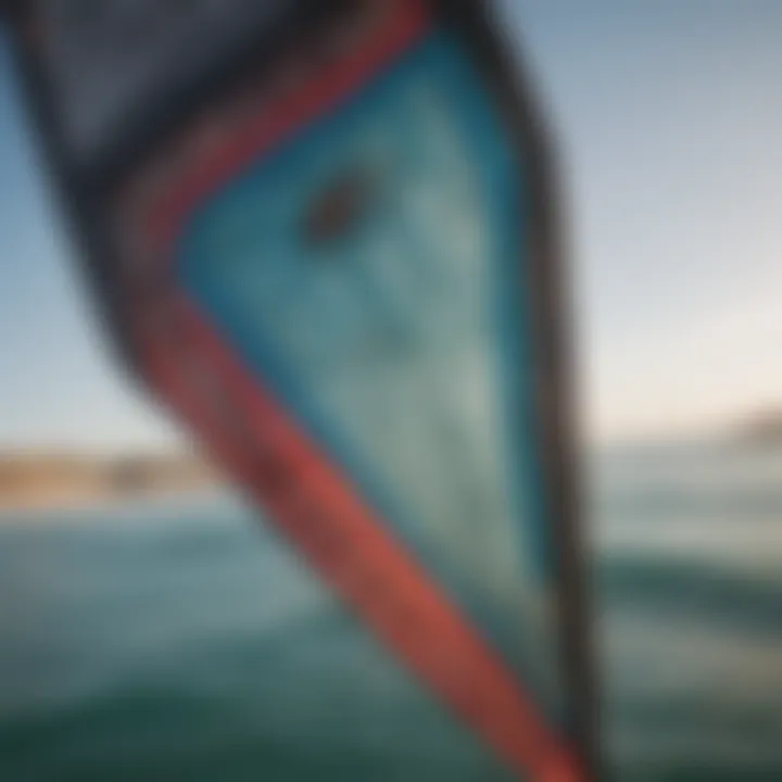 Close-up of detailed stitching on a second-hand kiteboarding kite