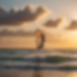 A stunning view of Diani Beach with kitesurfers in action against a vibrant sunset.