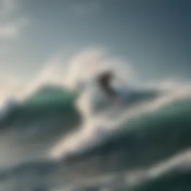 A dramatic shot of a kite surfer riding the waves amidst turbulent ocean waters