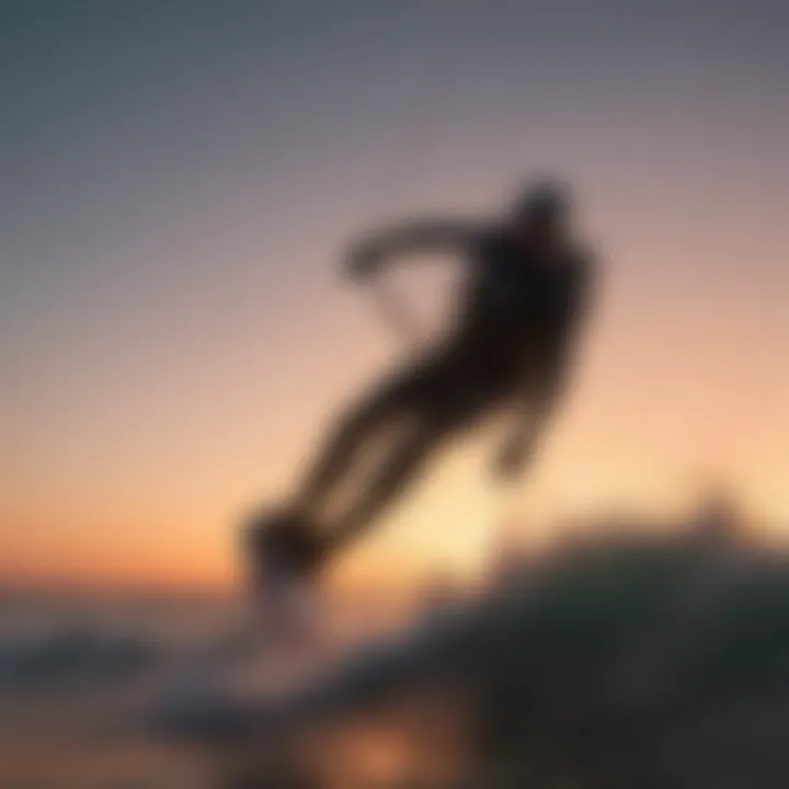 Dusk silhouette of a kitesurfer executing advanced maneuvers with the formula board