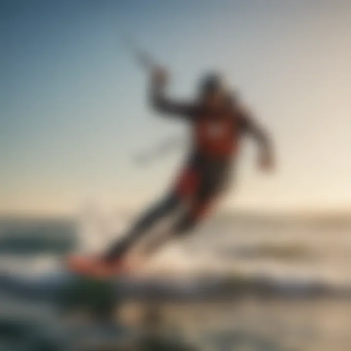 Dynamic shot capturing a kite boarder in action on the waves