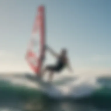 Dynamic action shot of windsurfer riding the waves using starboard inflatable technology