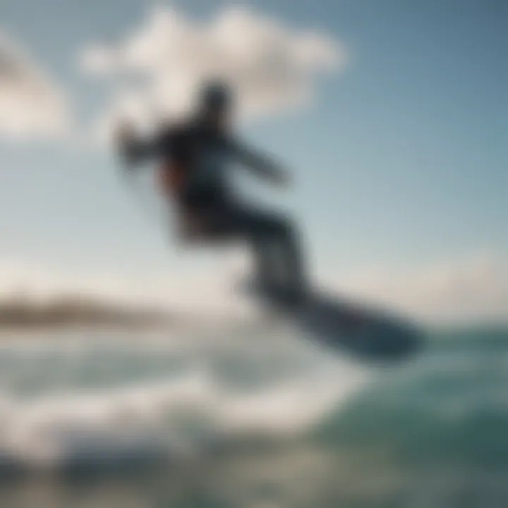 Aerial view of kitesurfer riding efoil on shimmering waves