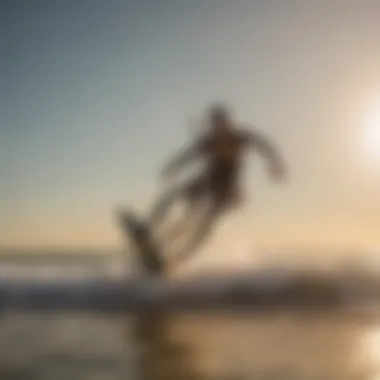 A serene beach scene with kitesurfers and kiteboarders against a sunset backdrop, highlighting environmental considerations