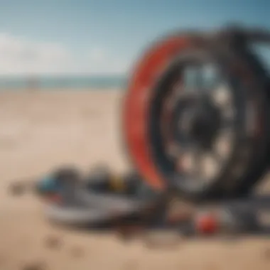 Kitesurfing equipment neatly arranged on the beach