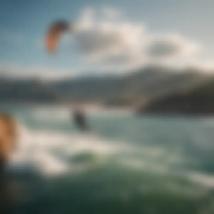 Panoramic view of kiteboarding with high-quality kite against scenic backdrop