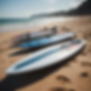 An assortment of affordable hydrofoil boards displayed on a beach.