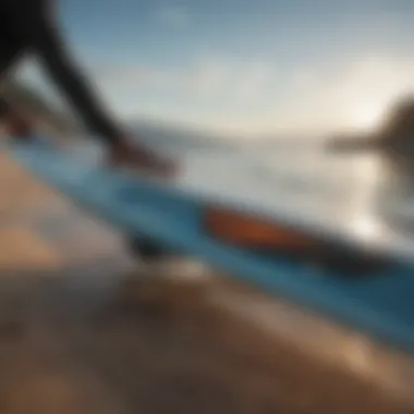 A close-up of a hydrofoil board showcasing its sleek design and construction materials.