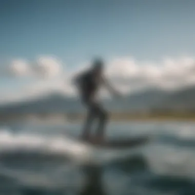 Kitesurfer gliding over water with hydrofoil setup