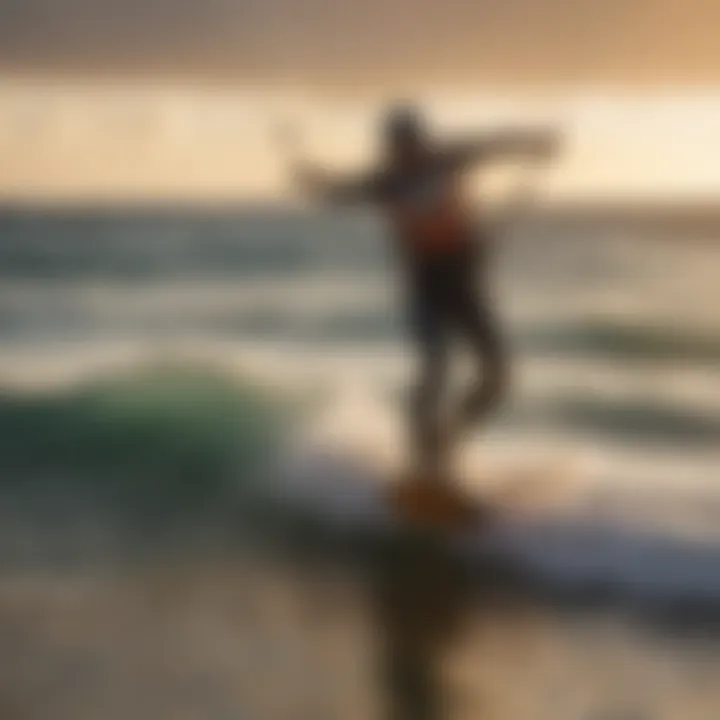 A scenic view of a kitesurfer utilizing the Armstrong surf foil at sunset.