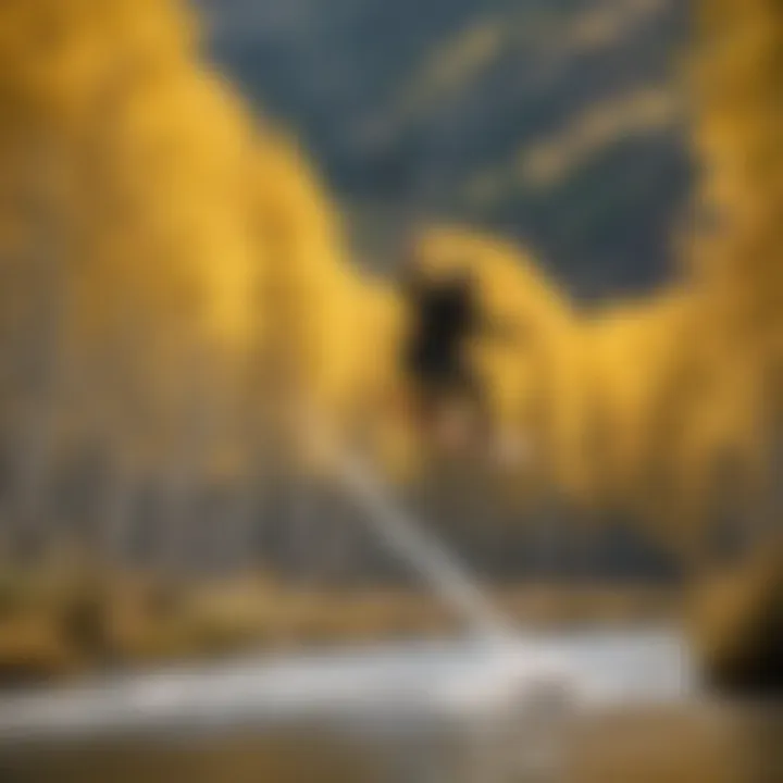 Kitesurfing action shot against a backdrop of aspen forests