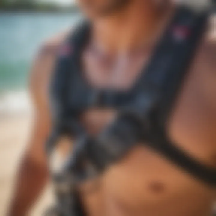 Close-up of bungee leash attachment on kiteboarder's harness