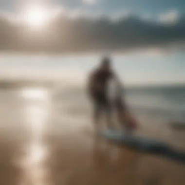 Kitesurfer maintaining their equipment after a session