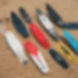Overview of various kiteboard types displayed on a sandy beach