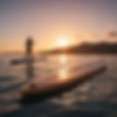 Elegant Sunset Scene with a SUP Foil Board Sunset silhouette of a premium SUP foil board against the horizon