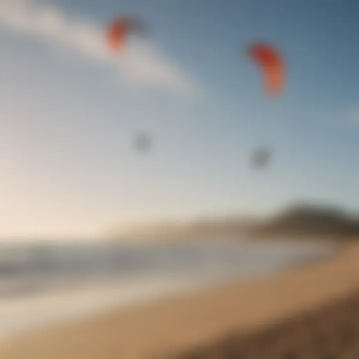 Panoramic shot of a serene beach setting with Cabrinha kites in the background