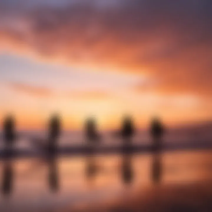 Silhouette of board sport enthusiasts against a colorful California sky