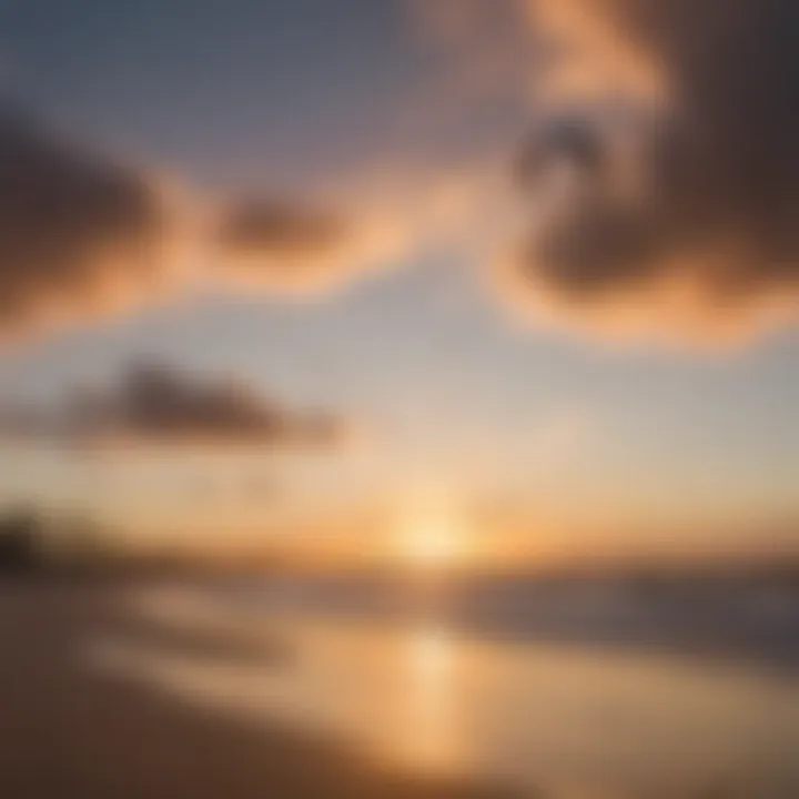 Sunset view of Cocoa Beach with kites in the sky