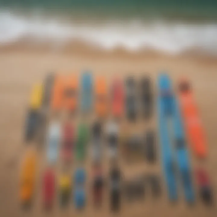 Aerial view of colorful second-hand kiteboarding gear on a beach