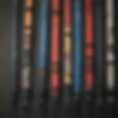 Diverse types of surfing straps arranged for comparison in kitesurfing.