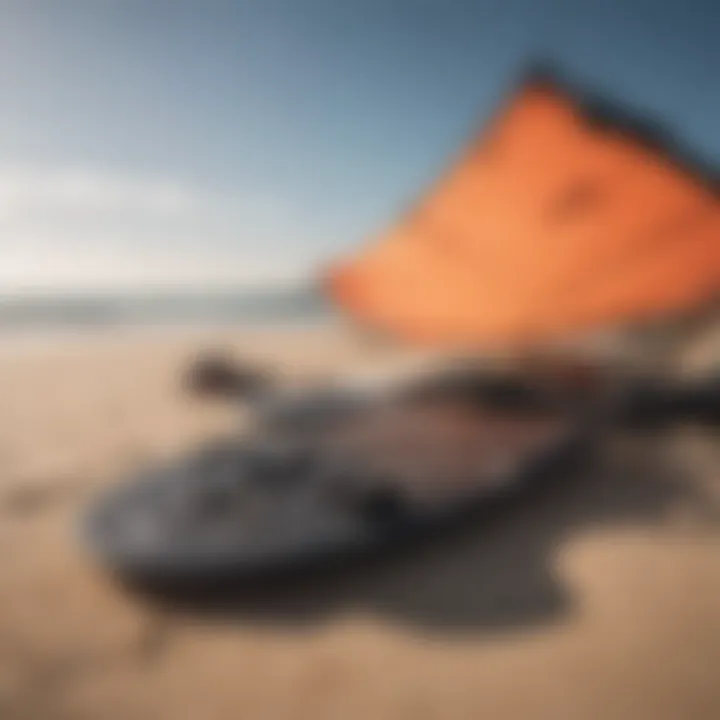 A close-up of kitesurfing equipment laid out on the sandy beach, showcasing the essential gear.