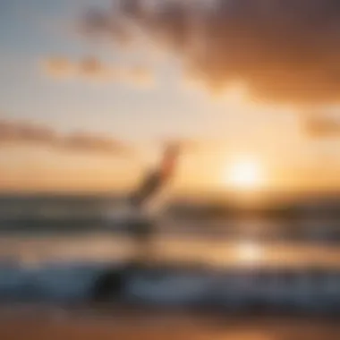 A vibrant sunset over the beach, with kitesurfers silhouetted against the colorful sky.