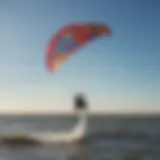 A vibrant kiteboarding scene at Galveston Bay, showcasing colorful kites against a blue sky.