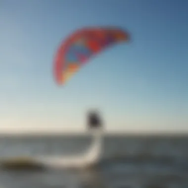 A vibrant kiteboarding scene at Galveston Bay, showcasing colorful kites against a blue sky.