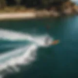 An aerial view of hydro foil surfing showcasing the surfboard and foil in action