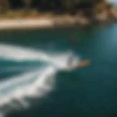 Aerial View of Hydro Foil Surfing An aerial view of hydro foil surfing showcasing the surfboard and foil in action