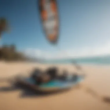 A scenic beach backdrop with kiteboarding gear laid out.