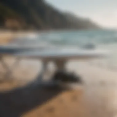 Close-up of hydrofoil equipment on a beach ready for kiting