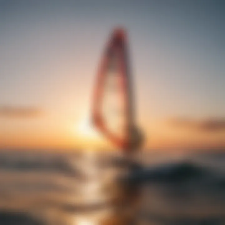 A breathtaking sunset backdrop with a hydrofoil windsurfer in action