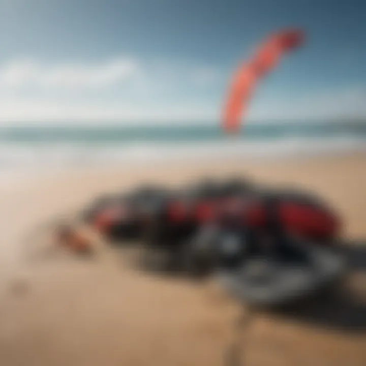 Safety equipment and kitesurfing gear laid out on the beach