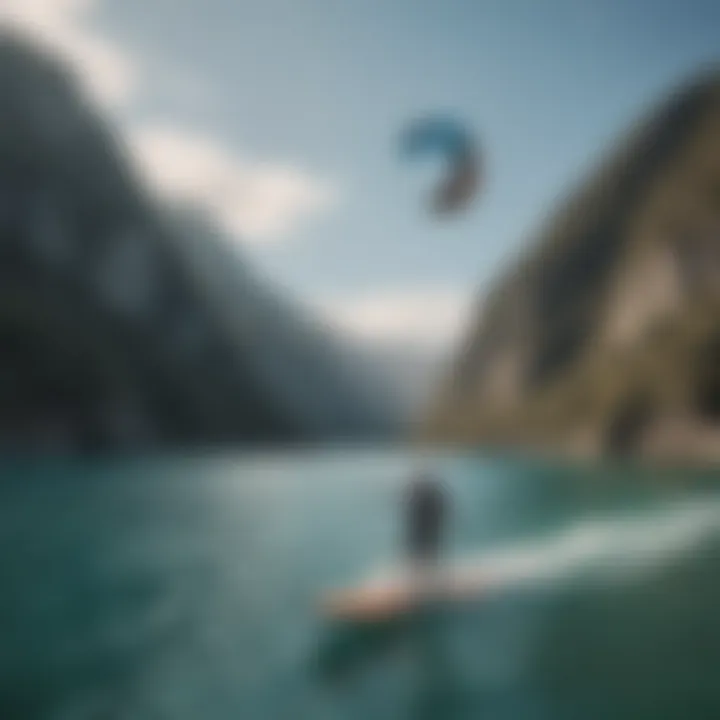 Person using an inflatable wing board against a scenic backdrop