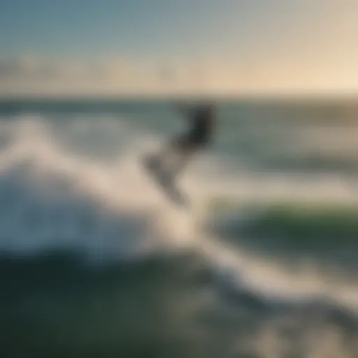 Aerial view of kite boarder riding waves