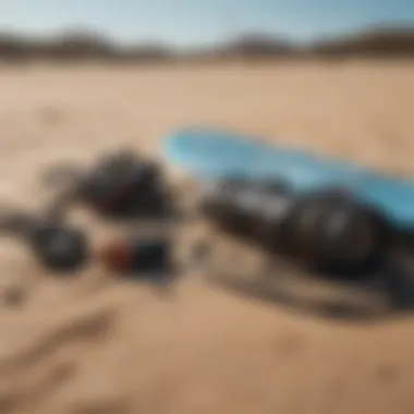 Kite boarding equipment laid out on sandy beach