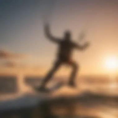 Kiteboarder performing a high jump with the sun setting in the background