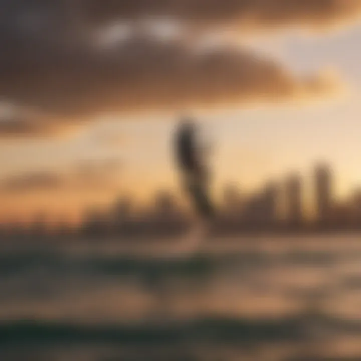 Sunset silhouette of kite surfer against the Miami skyline