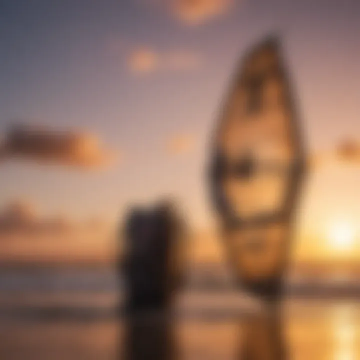 Scenic shot of high-end kitesurfing gear against a sunset sky