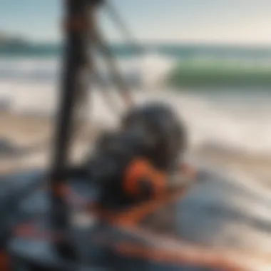 Close-up of intricate kiteboarding equipment with ocean backdrop