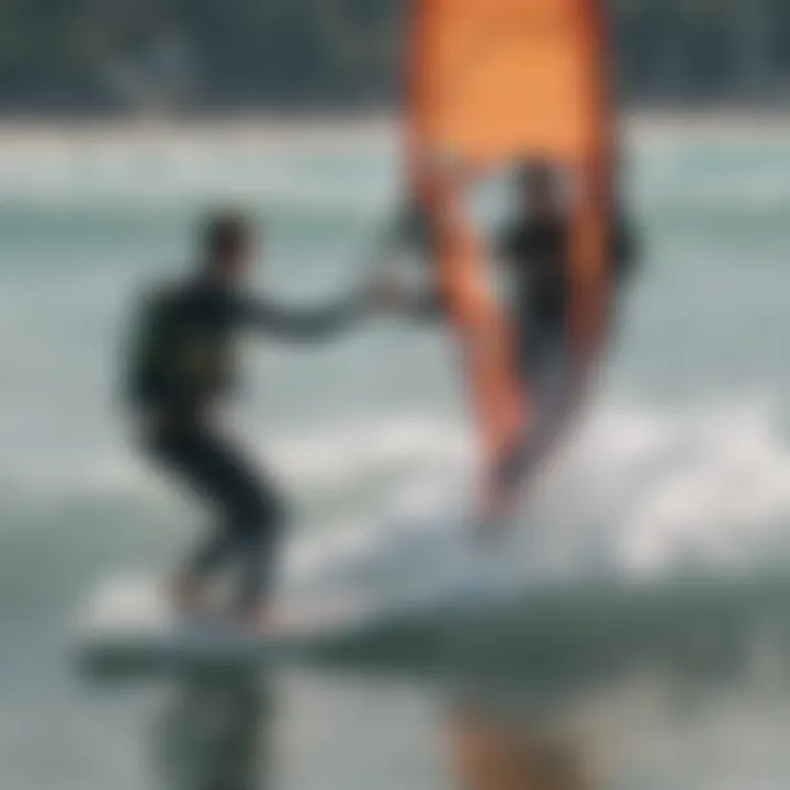 Kite surfing instructor giving guidance to student